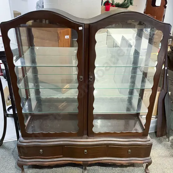Mahogany Glazed Two Door Display Cabinet with Three Drawers to Base