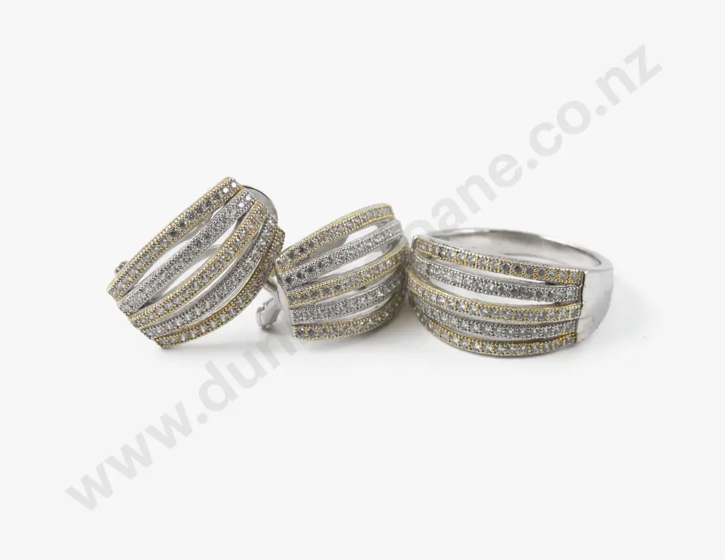 S/S Clear Crystal Fancy Band Ring with Matching Earrings Image 1++