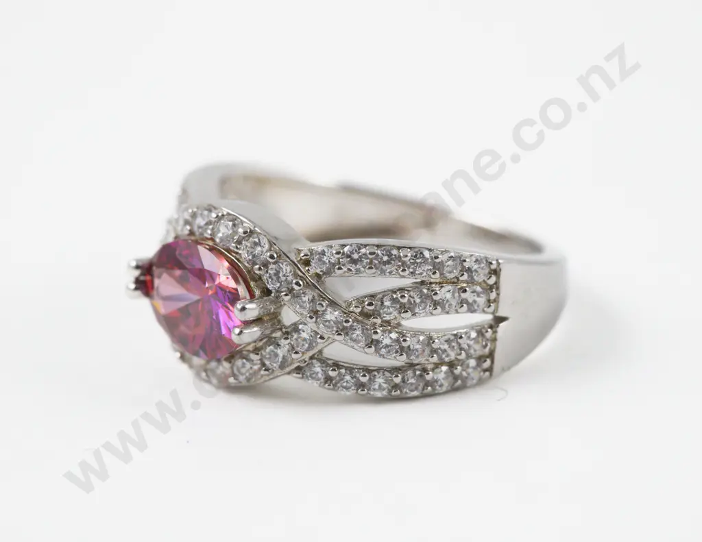 S/S Pink and Clear Crystal Fancy Band Ring Image 1++