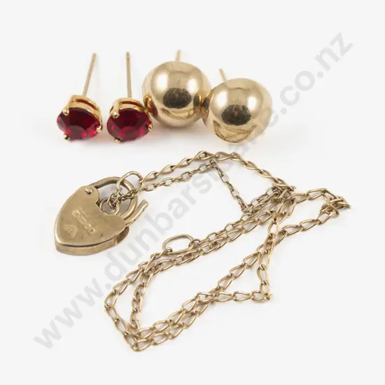 Pair 14ct and 9ct Stud Earrings with Fine Fancy Link Bracelet