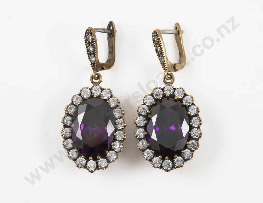Vintage Silver Gilt Amethyst and Diamond Paste Pendant Drop Earrings Image 1++