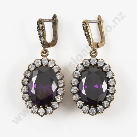 Vintage Silver Gilt Amethyst and Diamond Paste Pendant Drop Earrings
