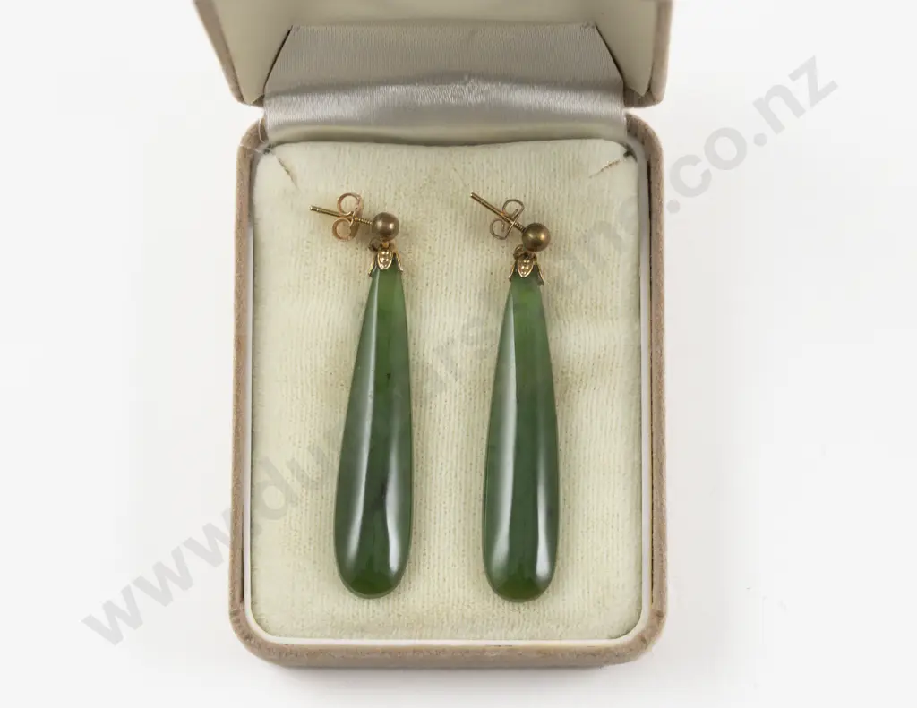 Pair 9ct Mounted Green Stone Pendant Drop Earrings Image 1++