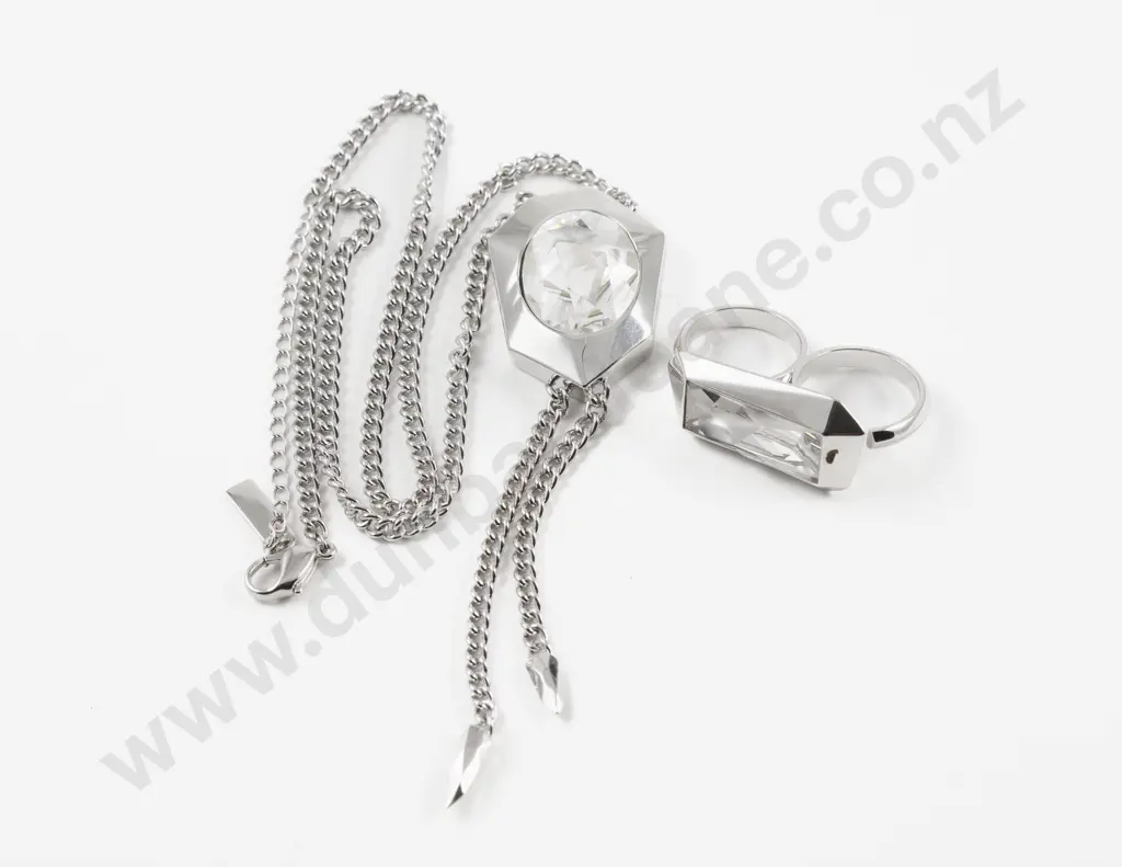 Atelier Swarovski by Jean Paul Gaultier Reverse Tie Necklace and Matching Ring Image 1++