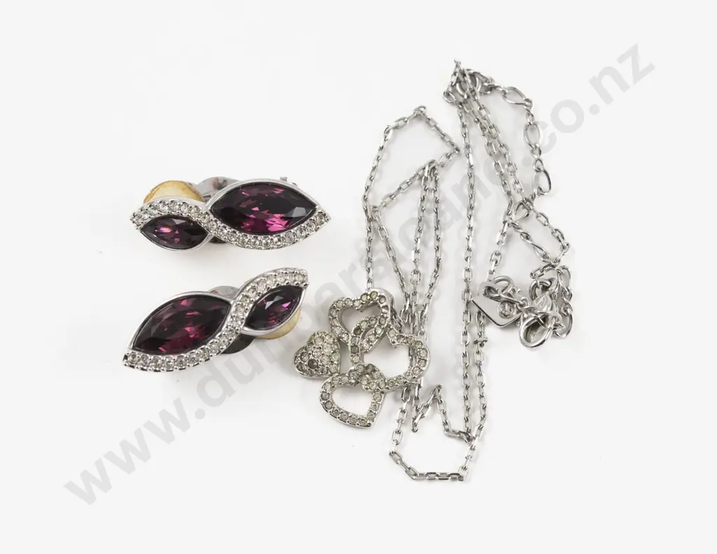 Swarovski Crystal Heart Cluster Pendant on Chain and Pair Purple Crystal Clip on Earrings Image 1++