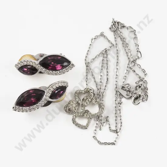 Swarovski Crystal Heart Cluster Pendant on Chain and Pair Purple Crystal Clip on Earrings