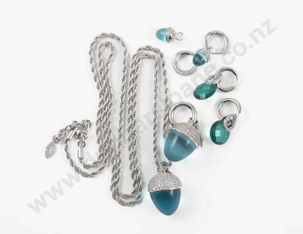 Kagi Two Stainless Steel Mounted Cubic Zirconia and Turquoise Acorn Pendants Image 1++