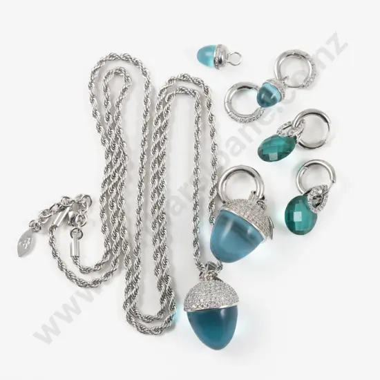 Kagi Two Stainless Steel Mounted Cubic Zirconia and Turquoise Acorn Pendants