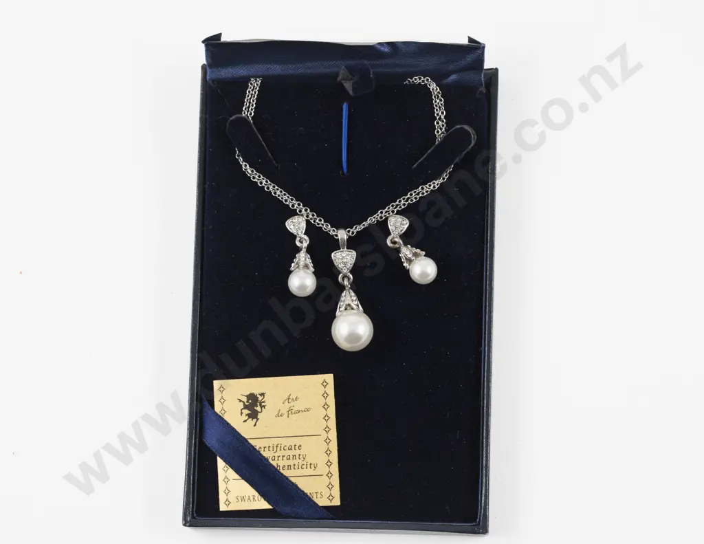 Art De France Swarovski Crystal and Imitation Pearl Pendant on Double Neck Chain with Matching Earrings Image 1++