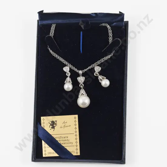 Art De France Swarovski Crystal and Imitation Pearl Pendant on Double Neck Chain with Matching Earrings