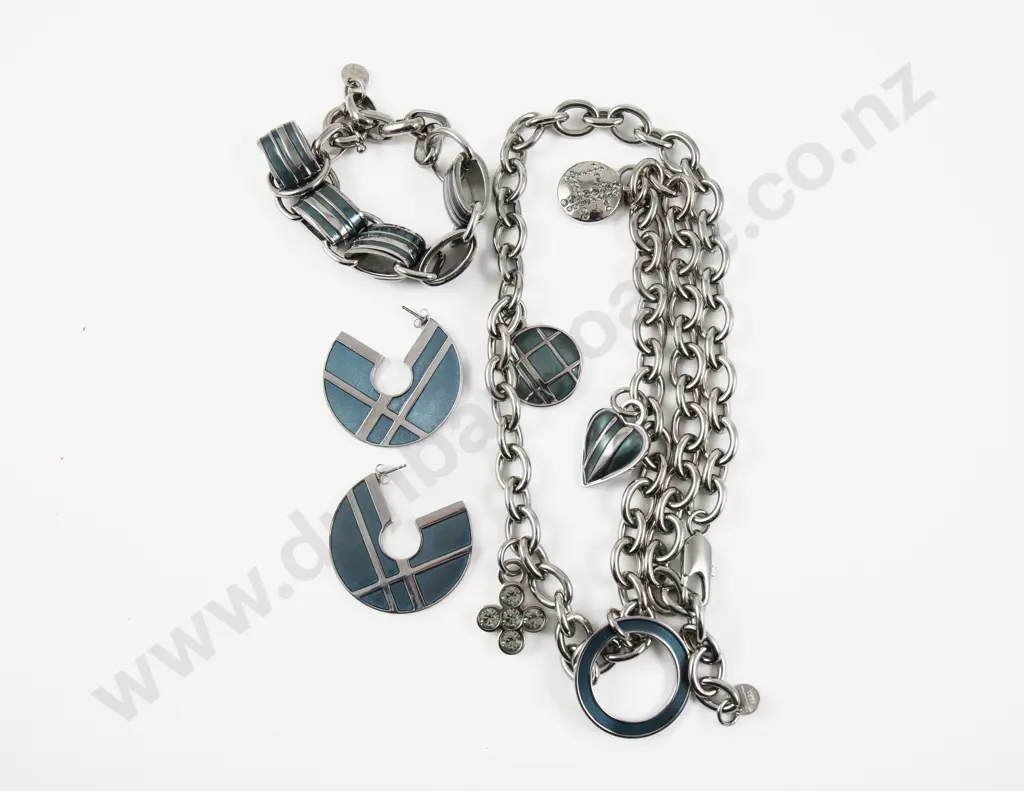 Dyrberg Kern Silver Plated and Enamel Neck Chain Bracelet and Matching Earrings Image 1++