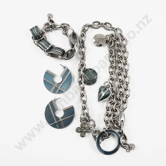 Dyrberg Kern Silver Plated and Enamel Neck Chain Bracelet and Matching Earrings