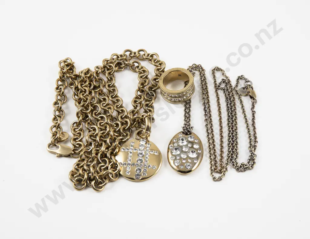 Two Dyrberg Kern Gold Plated Crystal Set Pendants on Neck Chains with Band Ring Image 1++
