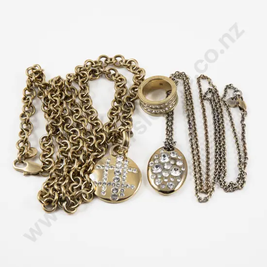 Two Dyrberg Kern Gold Plated Crystal Set Pendants on Neck Chains with Band Ring