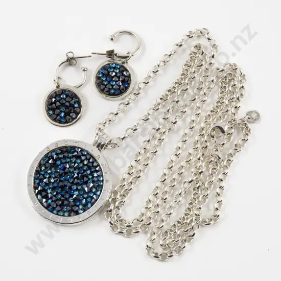 Nikki Lissoni Blue Crystal Circular Pendant on Neck Chain with Matching Earrings