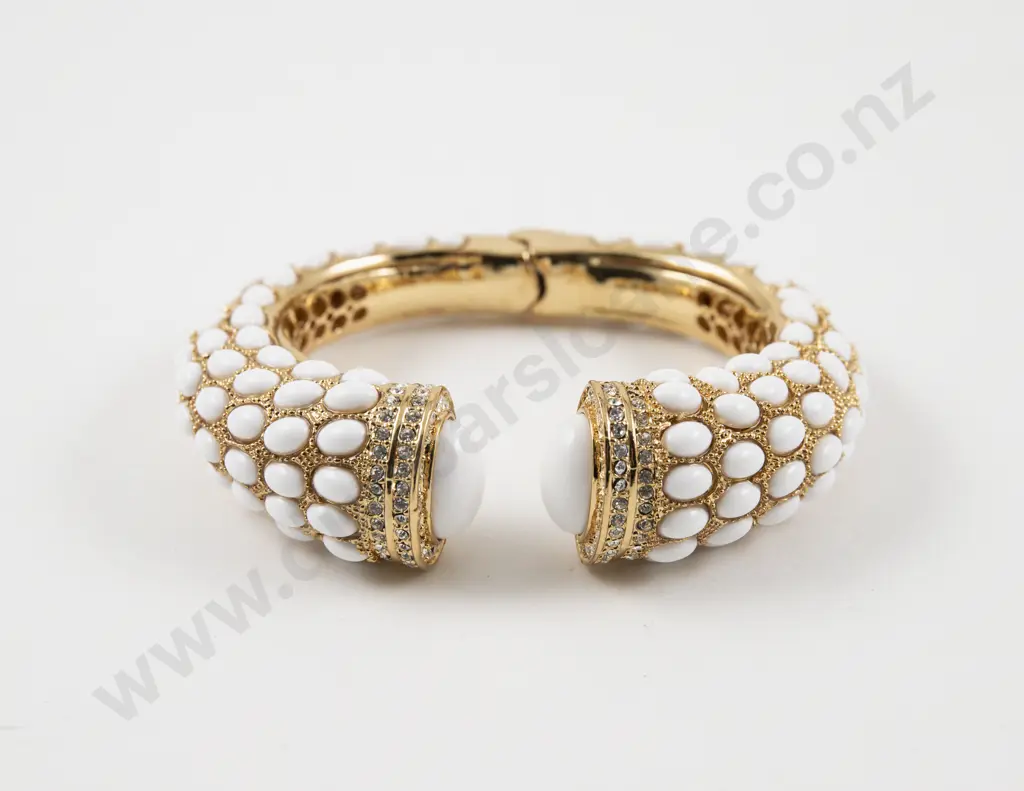 Chrissy L White Enamel and Crystal Hinged Snap Bangle Image 1++