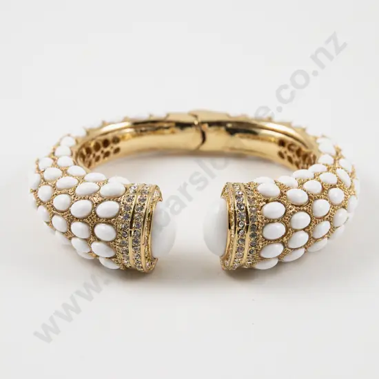 Chrissy L White Enamel and Crystal Hinged Snap Bangle