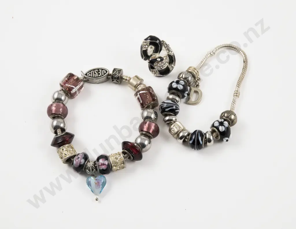 Two Murano Glass Bead Charm Bracelets with Crystal Set Snake Dress Ring Image 1++