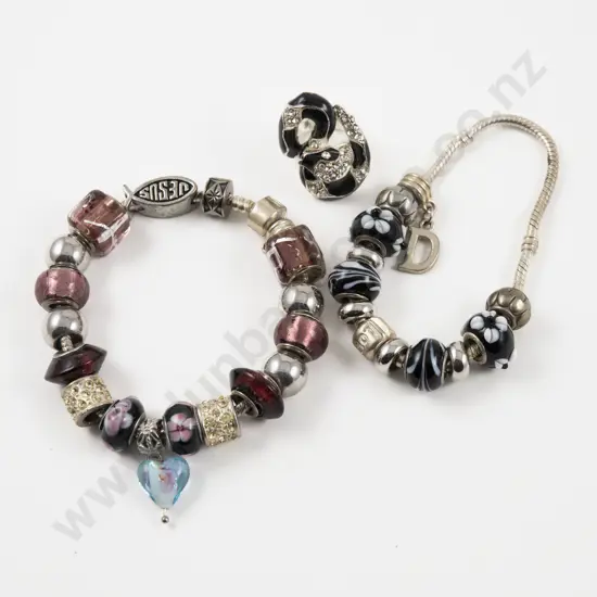 Two Murano Glass Bead Charm Bracelets with Crystal Set Snake Dress Ring