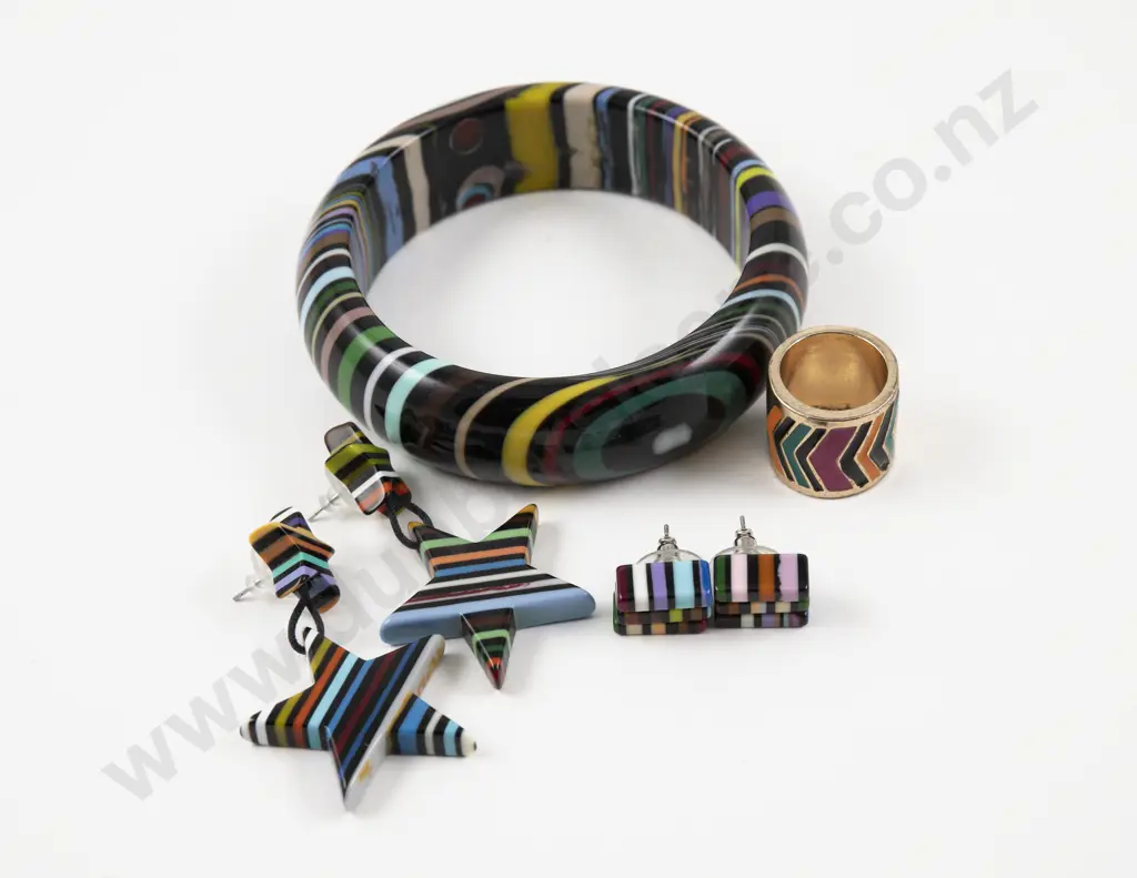 Jackie Brazil Liquorice Allsorts Bangle and Two Pair Earrings with Gold Plated Matching Ring Image 1++