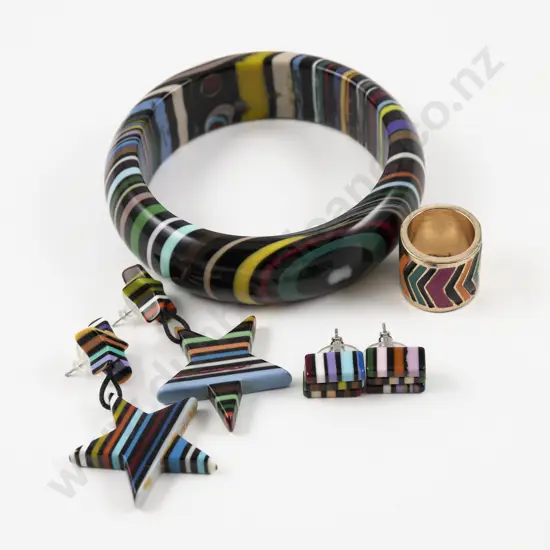 Jackie Brazil Liquorice Allsorts Bangle and Two Pair Earrings with Gold Plated Matching Ring