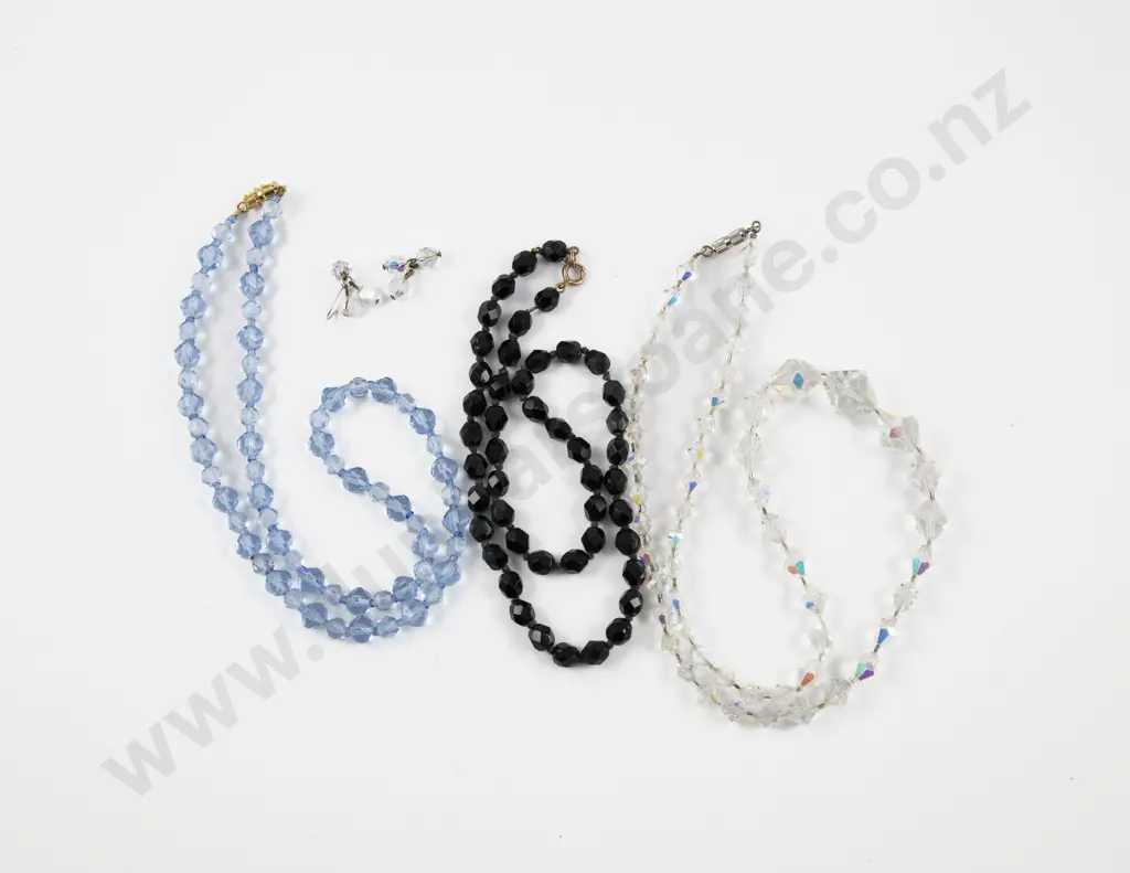 Three Single Strand Crystal Bead Necklaces and Pair of Earrings Image 1++