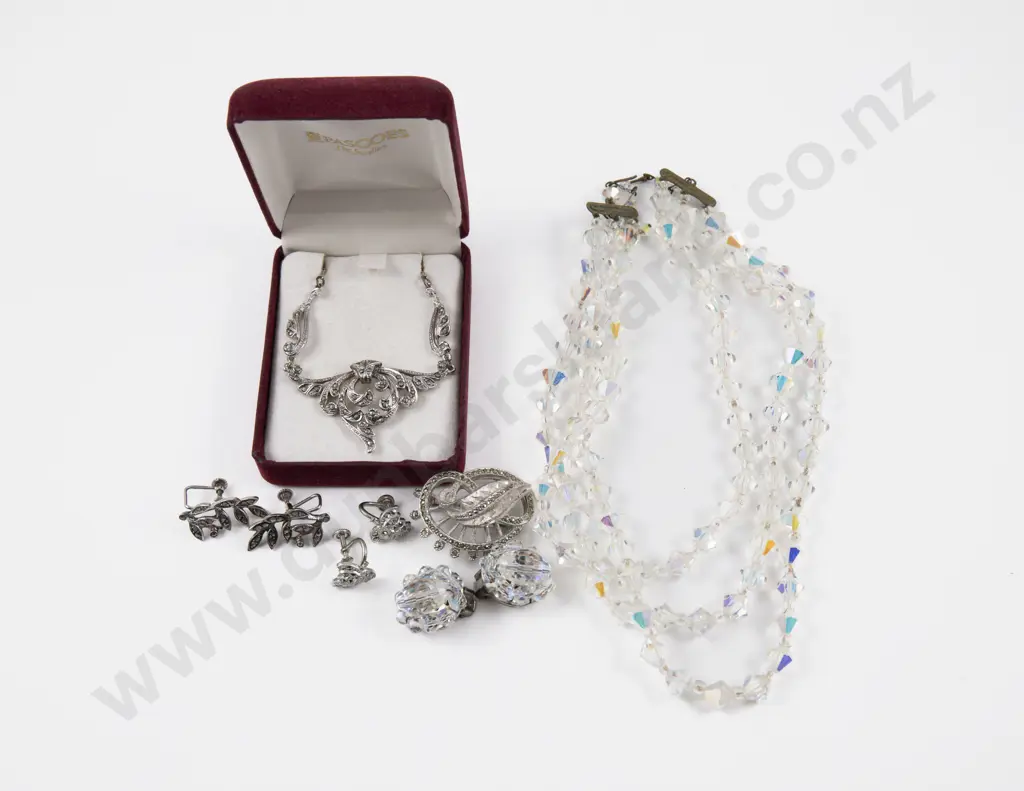 Collection of Vintage Marcasite Jewellery with Crystal Bead Necklace and Pair of Earrings Image 1++