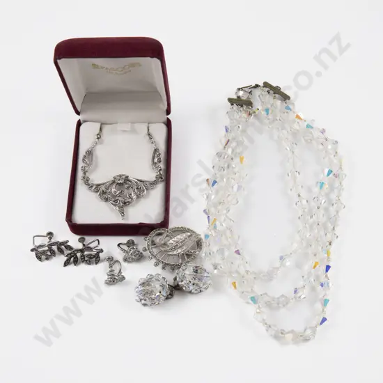 Collection of Vintage Marcasite Jewellery with Crystal Bead Necklace and Pair of Earrings