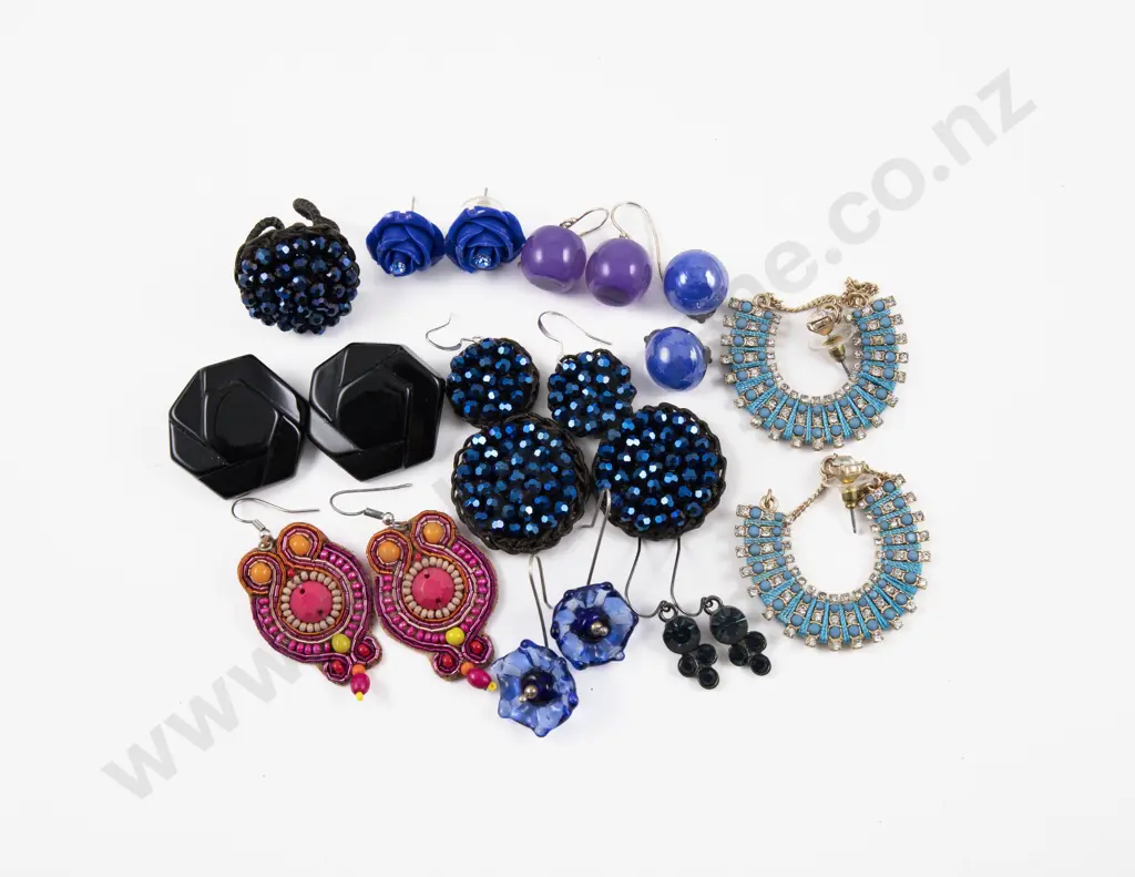 Collection of Nine Pairs of Costume Jewellery Earrings with Dress Ring Image 1++