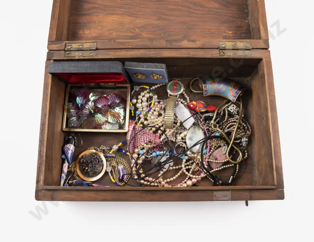 Collection of Assorted Costume Jewellery with Wooden Jewellery Box incl Gucci Wrist Watch Image 1++