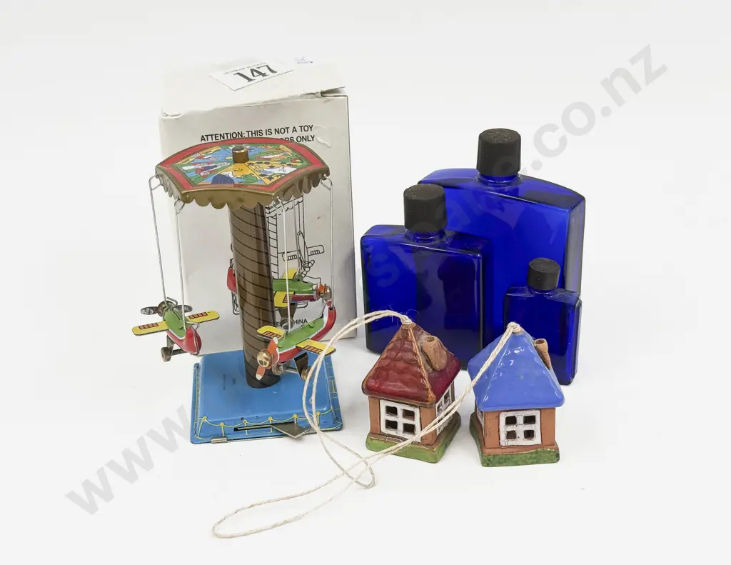 A Graduated Set of Three Blue Glass Cologne Bottles & Assorted Image 1++