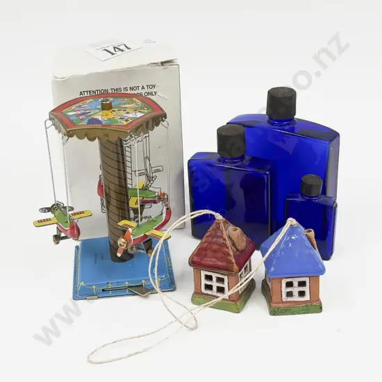 A Graduated Set of Three Blue Glass Cologne Bottles & Assorted