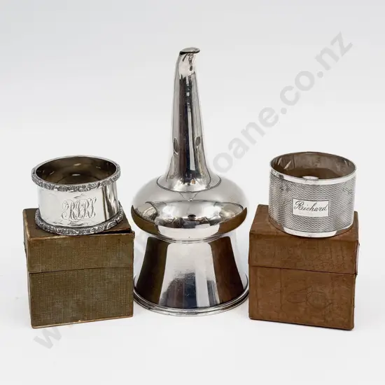 Plated Wine Pourer & Two Boxed S/S Napkin Rings