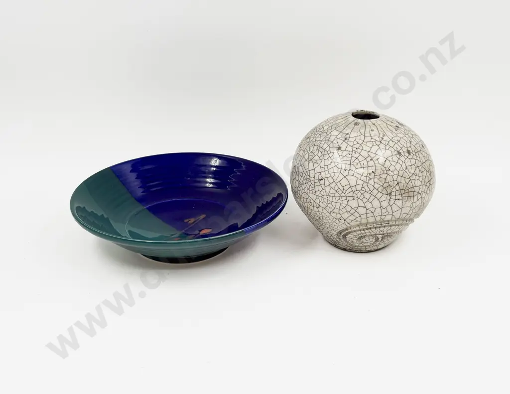 Crackle Glazed Vase together with Studio Pottery Pedestal Bowl Image 1++