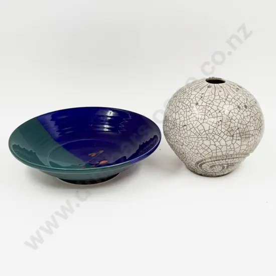 Crackle Glazed Vase together with Studio Pottery Pedestal Bowl