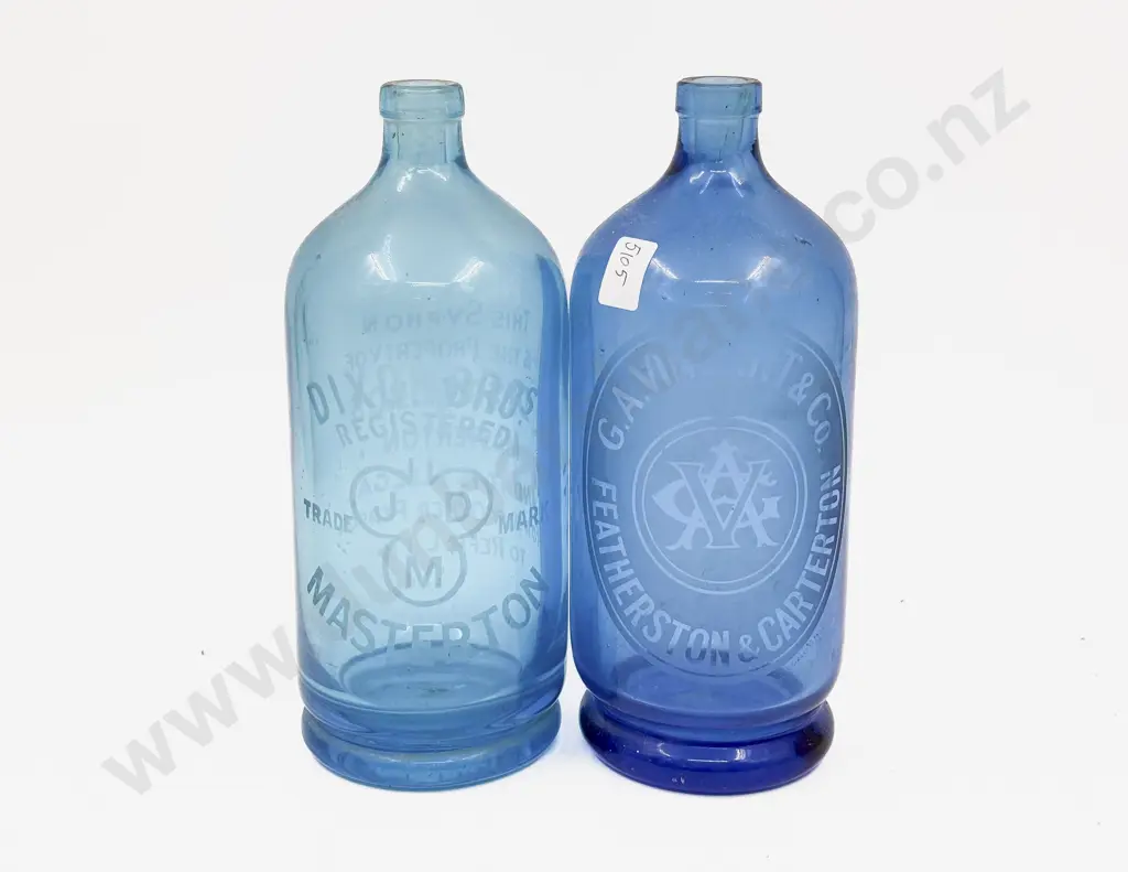 Two Vintage Blue Glass Syphon Bottles - Masterton & Carterton Image 1++