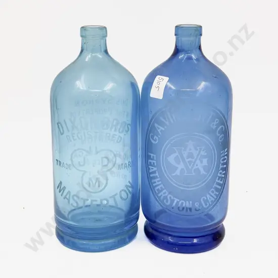 Two Vintage Blue Glass Syphon Bottles - Masterton & Carterton