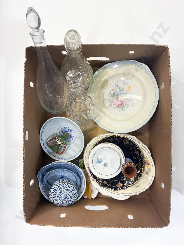 Box Qty of Assorted China together with Three Glass Decanters Image 1++