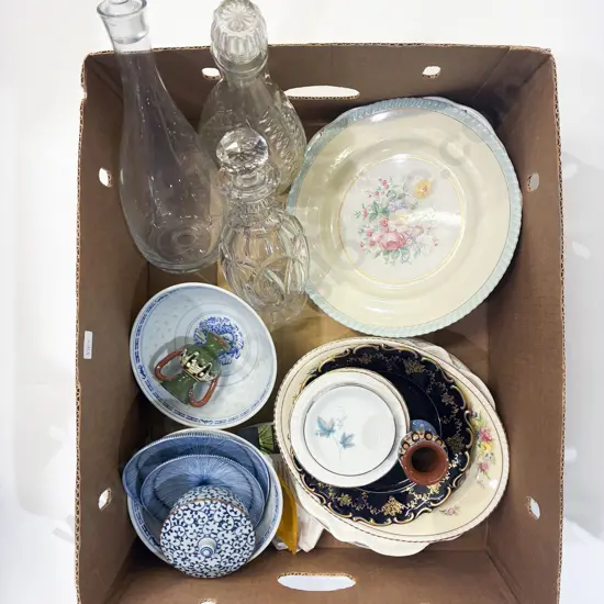 Box Qty of Assorted China together with Three Glass Decanters