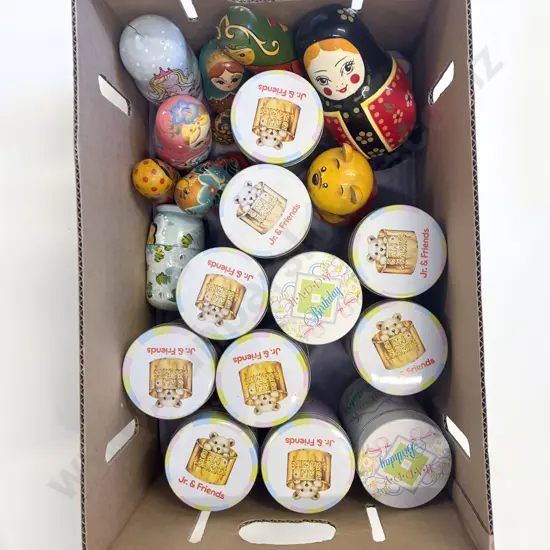 Box Qty of Assorted Tins & Russian Dolls