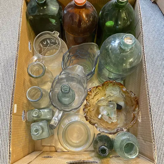 Box Qty of Assorted Vintage Glass Ware & Bottles etc