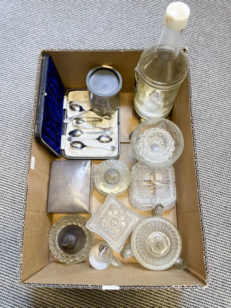 Box Qty of Assorted Glass Ware with Cased Teaspoons & Swarovski Ornament Image 1++
