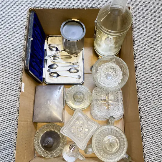 Box Qty of Assorted Glass Ware with Cased Teaspoons & Swarovski Ornament