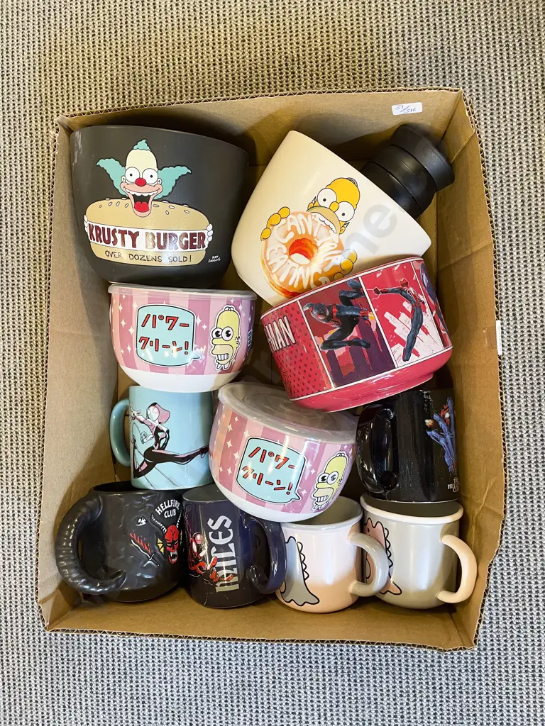 Box Quantity of Assorted Novelty Mugs and Bowls incl Spider Man Image 1++