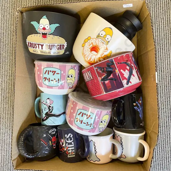 Box Quantity of Assorted Novelty Mugs and Bowls incl Spider Man