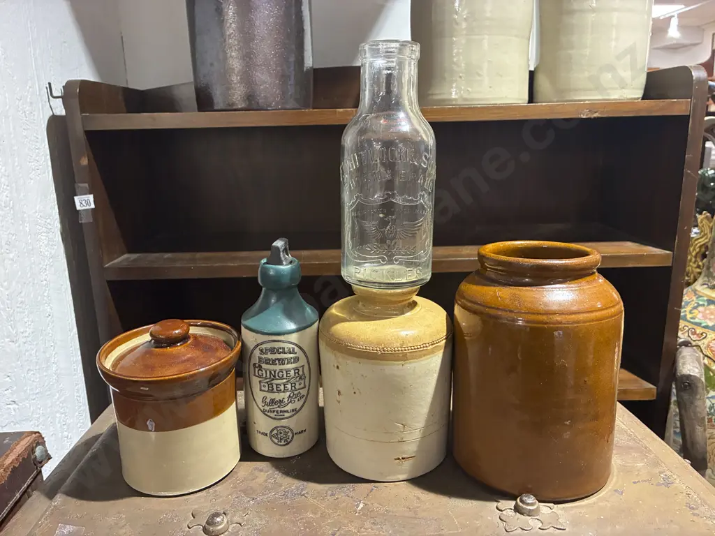 Three Small Stoneware Crocks together with Stoneware Ginger Beer Bottle & Vintage Glass Bottle Image 1++