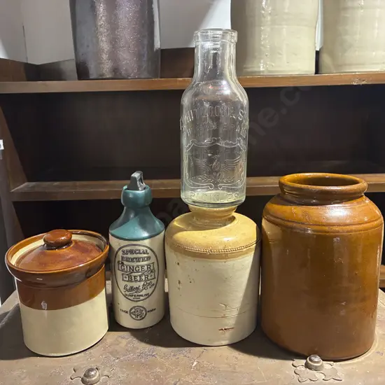 Three Small Stoneware Crocks together with Stoneware Ginger Beer Bottle & Vintage Glass Bottle