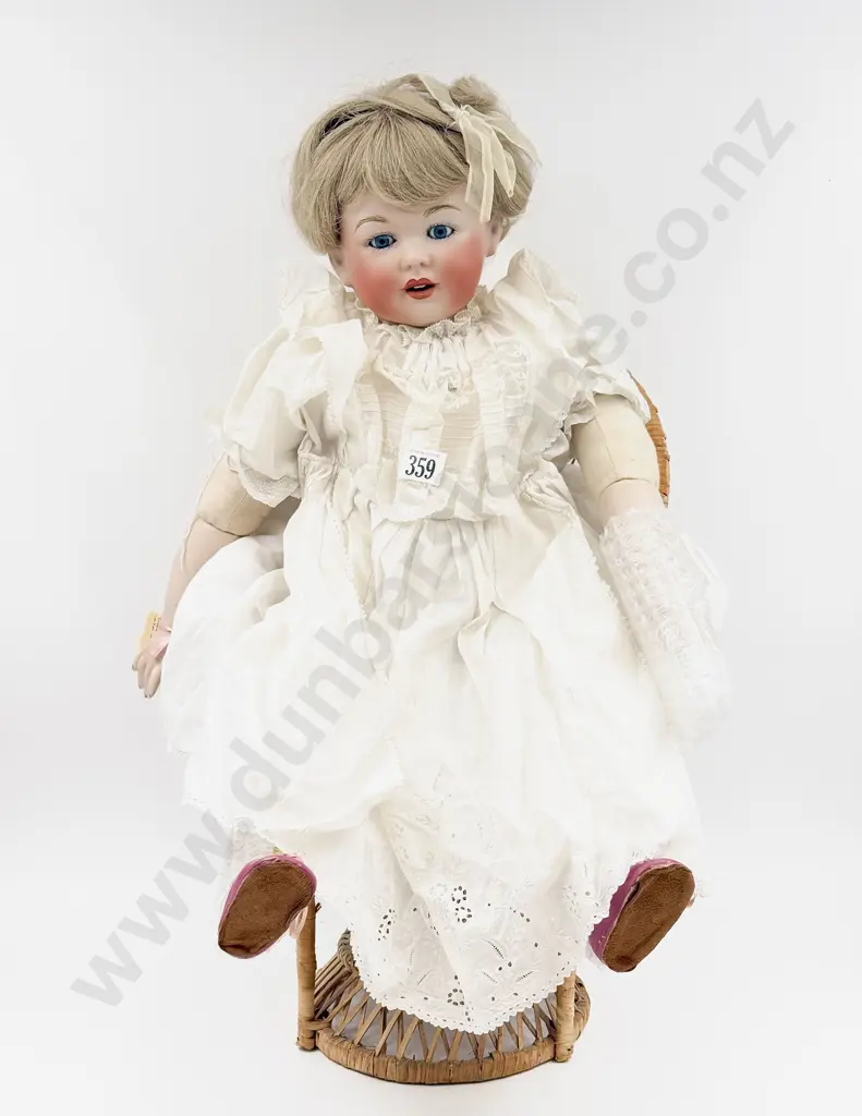 New Bisque Character Toddler Doll with Antique Cotton Dress on Cane Chair 66cm Image 1++