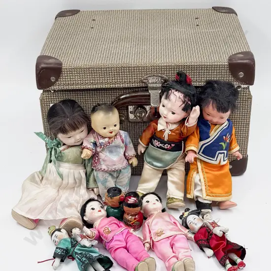 Suitcase and Collection Composition and China Asian Dolls