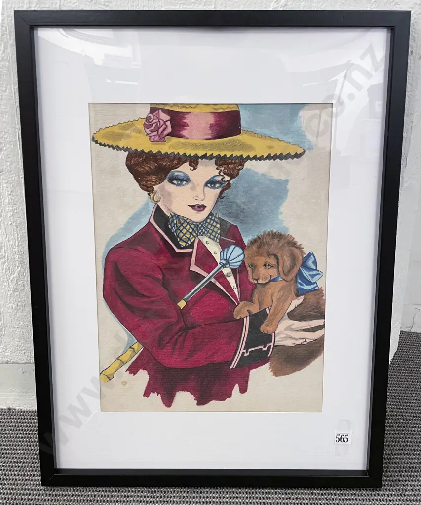 Unknown Artist - Portrait of Edwardian Lady & Dog - Mixed Media on Paper Image 1++